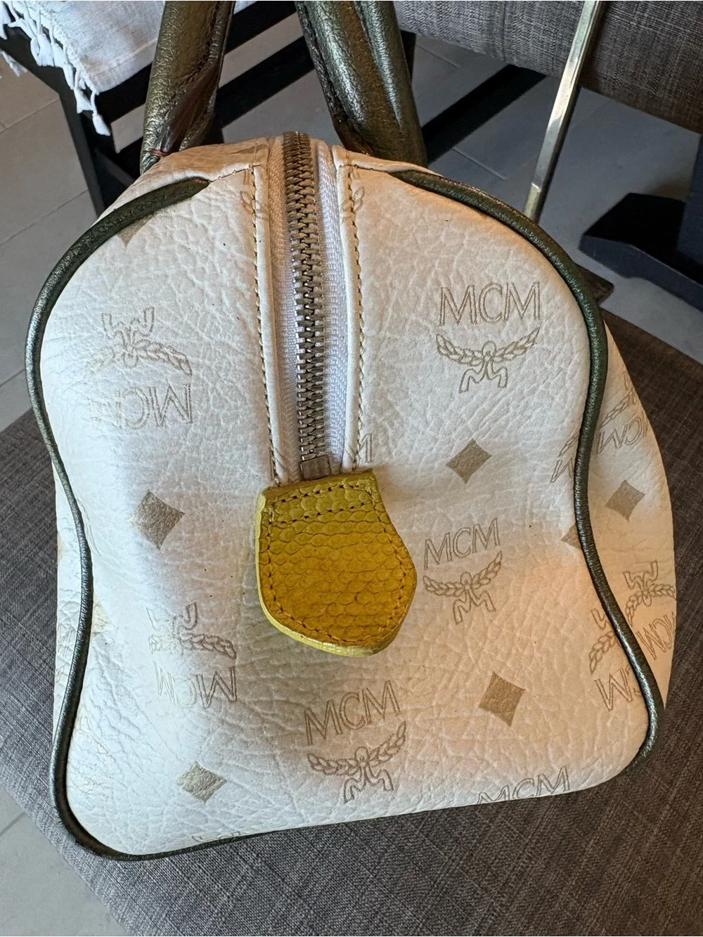 MCM White and Olive Leather Top-Handle Satchel